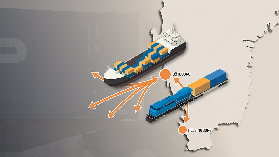 A map illustration of the rail line between Helsingborg och Gothenburg.