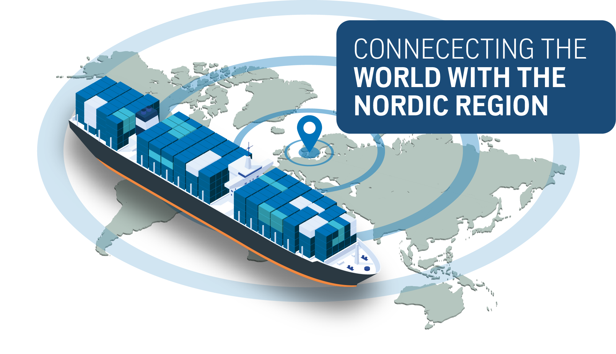 An illustration showing a large container ship on a world map with cirkles covering the world to illustrate the Port of Gothenburg range in shipping swervices. 