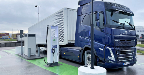 An electric Volvo truck at one of the four new charging spots at Port Entry.